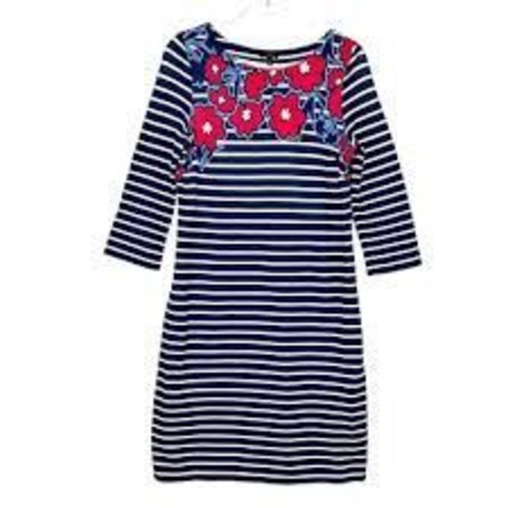 Talbots Size L Petite Blue & White Stripe Shift Dress Red Floral Neck 3/4 Sleeve - Picture 3 of 12